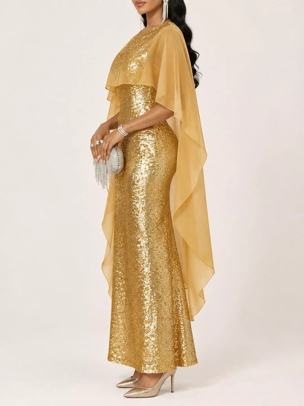 Women's Sequin Cape Overlay Evening Dress in gold — side view