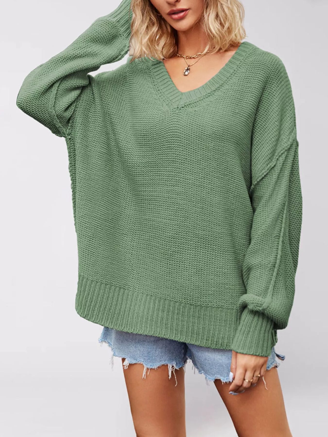 Trendsi V-Neck Loose Knit Drop Shoulder Sweater -