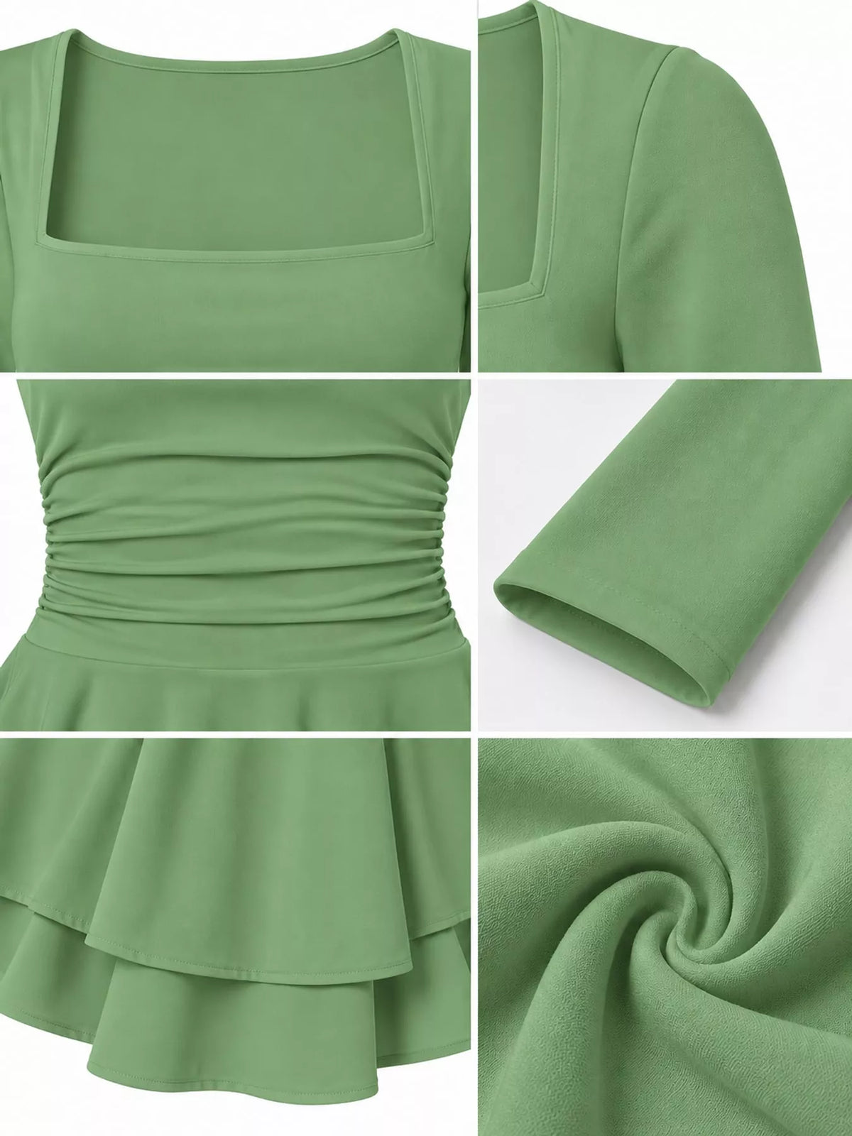 Square neck long sleeve mini dress, construction and design details