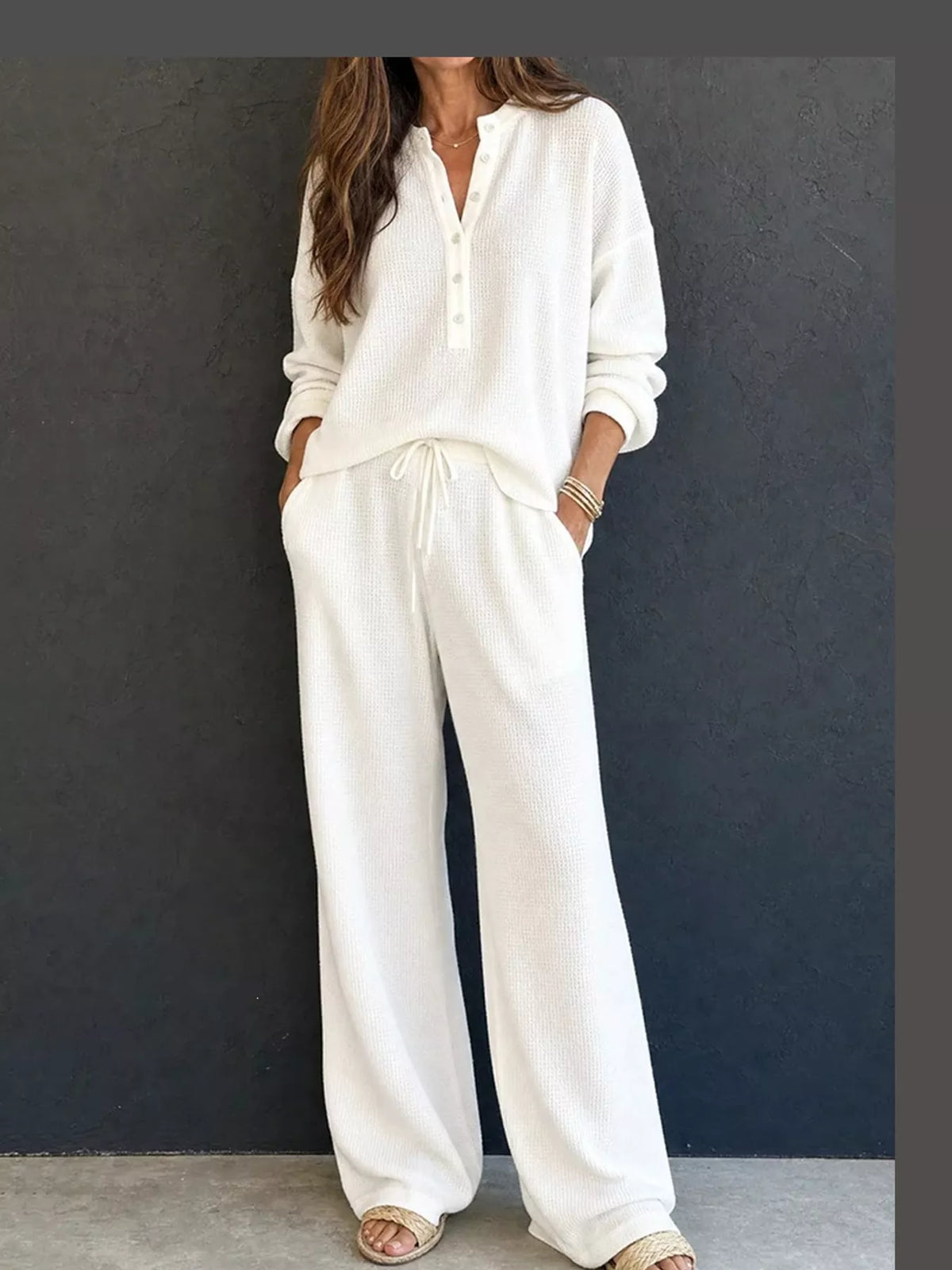 White waffle knit button detail top and pants set