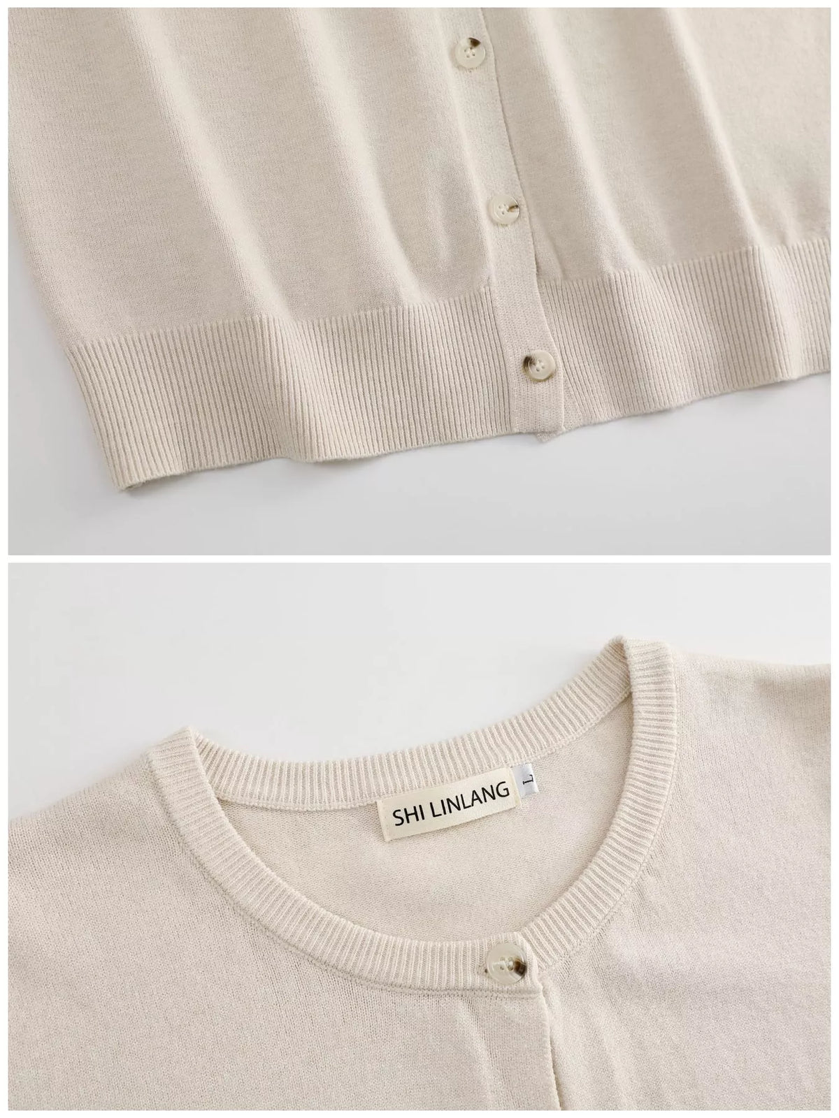 Cream crew neck button down knit cardigan, detail view