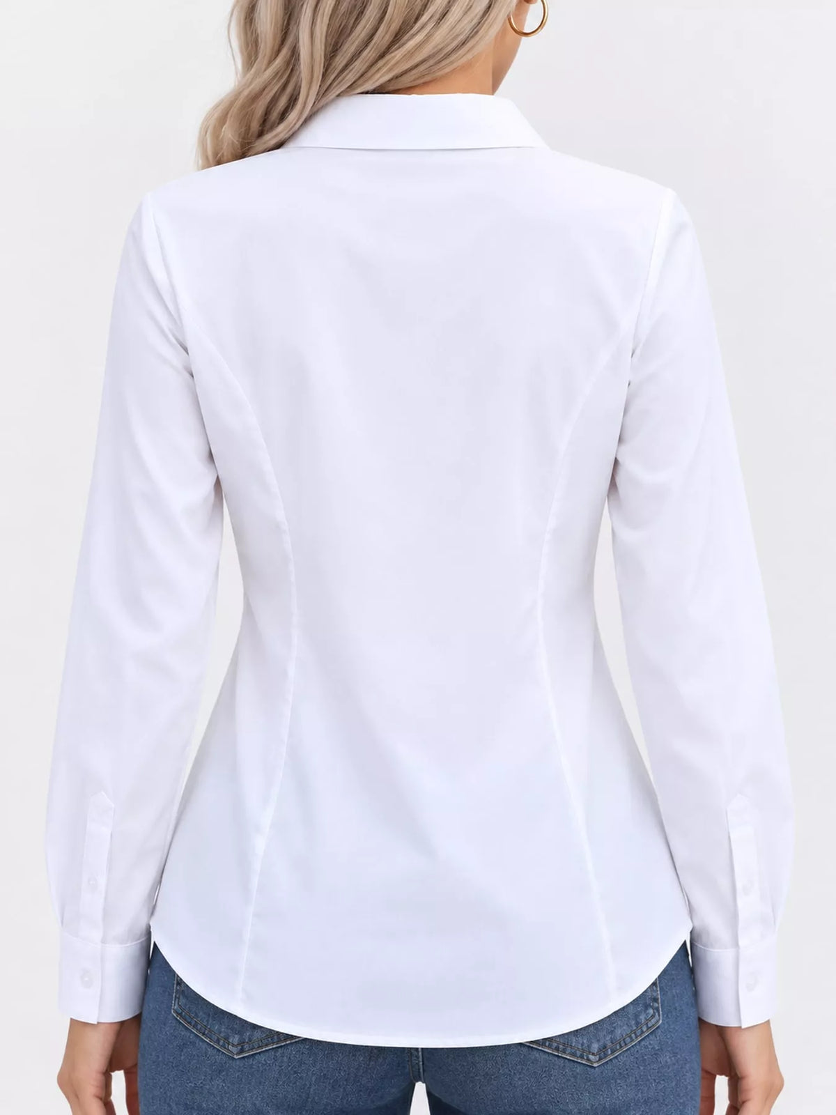 White button-down long sleeve shirt, back view
