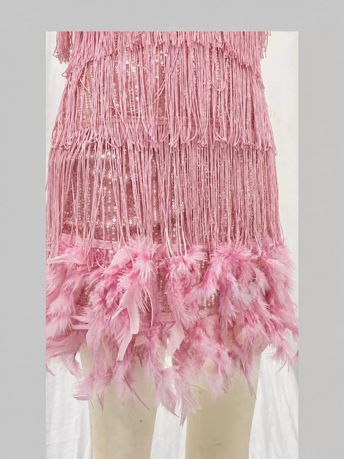 Pink feather fringe sequin mini dress, detail view