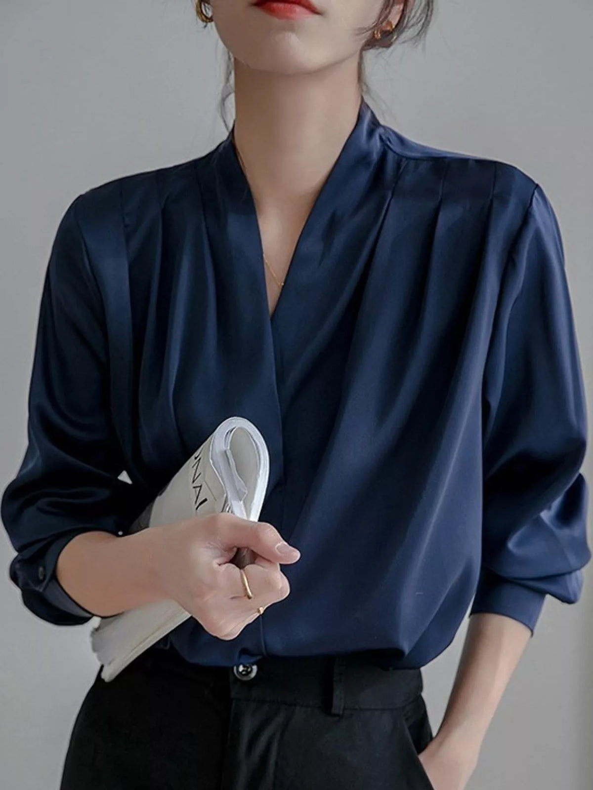 Women's V-Neck Pleated Shoulder Satin Blouse in navy — front view