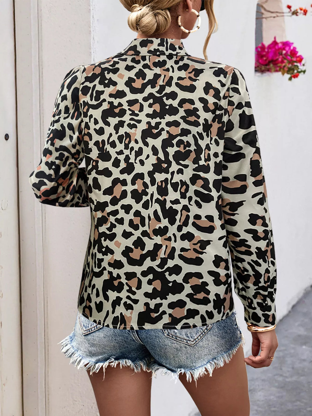 Printed Button-Down Long Sleeve Shirt in beige, leopard back view