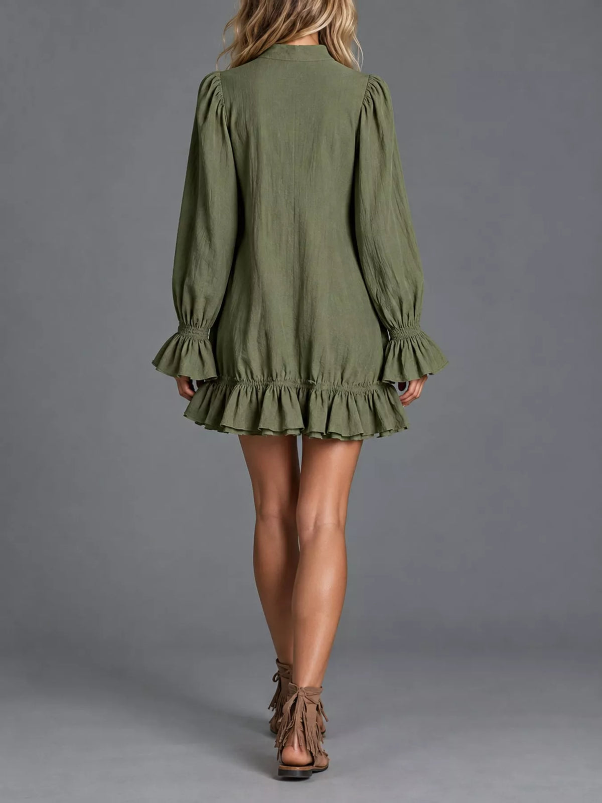 Ruffled-hem mini dress, olive back