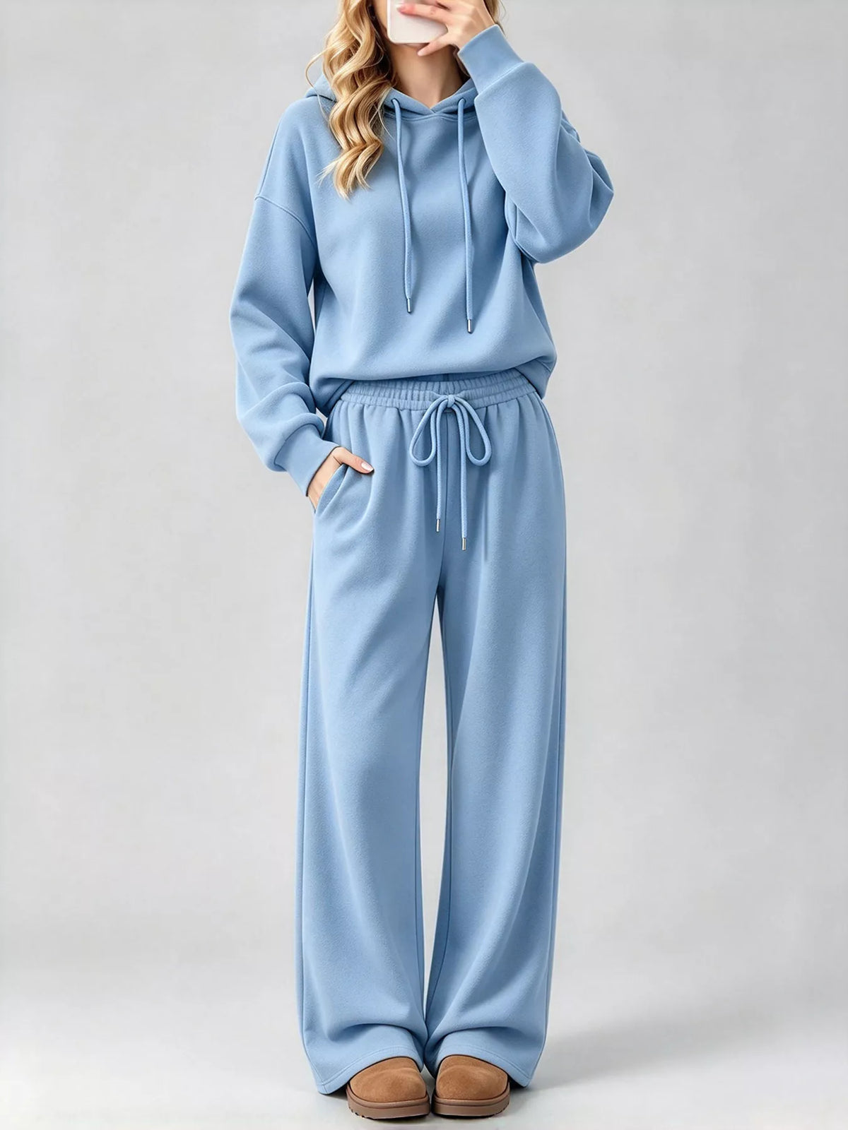 Sky Blue dropped shoulder hoodie and wide-leg pants set