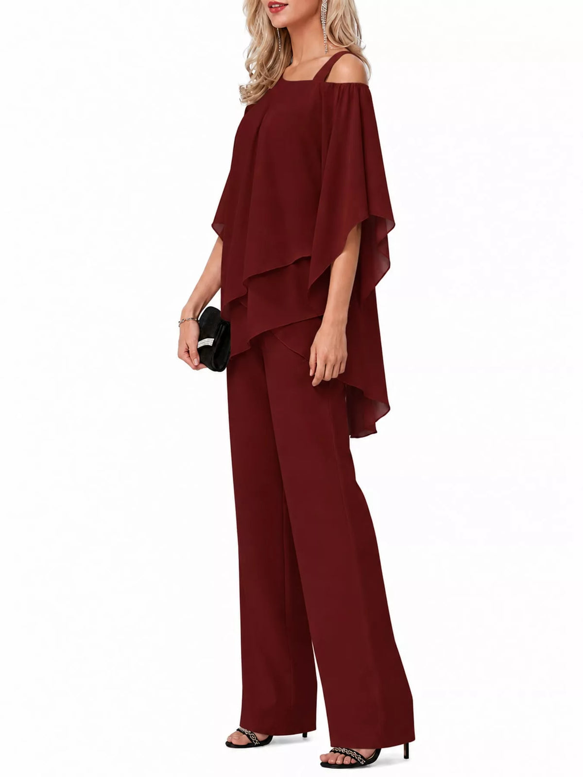 Cold-Shoulder Layered Top and Wide-Leg Pants Set — side view
