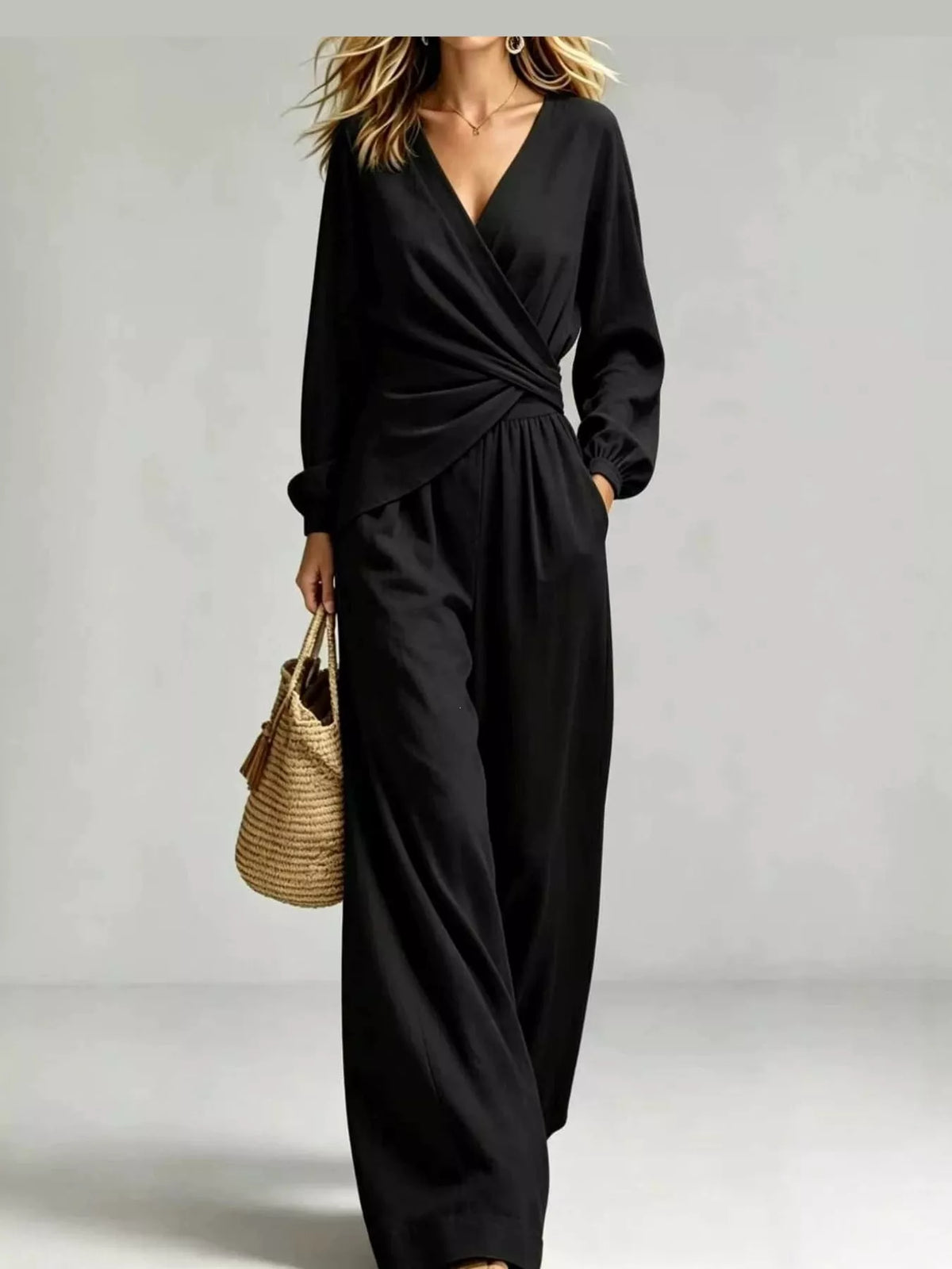 V-Neck Long Sleeve Top and Wide-Leg Pants Set — front view