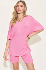Trendsi Basic Bae Full Size V-Neck Drop Shoulder T-Shirt and Shorts Set -