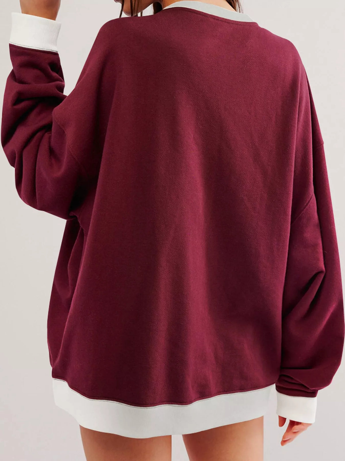 Burgundy dropped shoulder long sleeve sweatshirt, back view