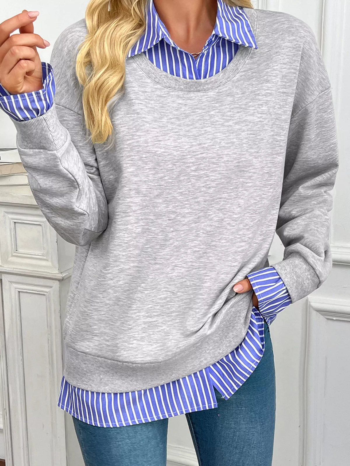 Striped-collar sweatshirt, gray striped cuff detail
