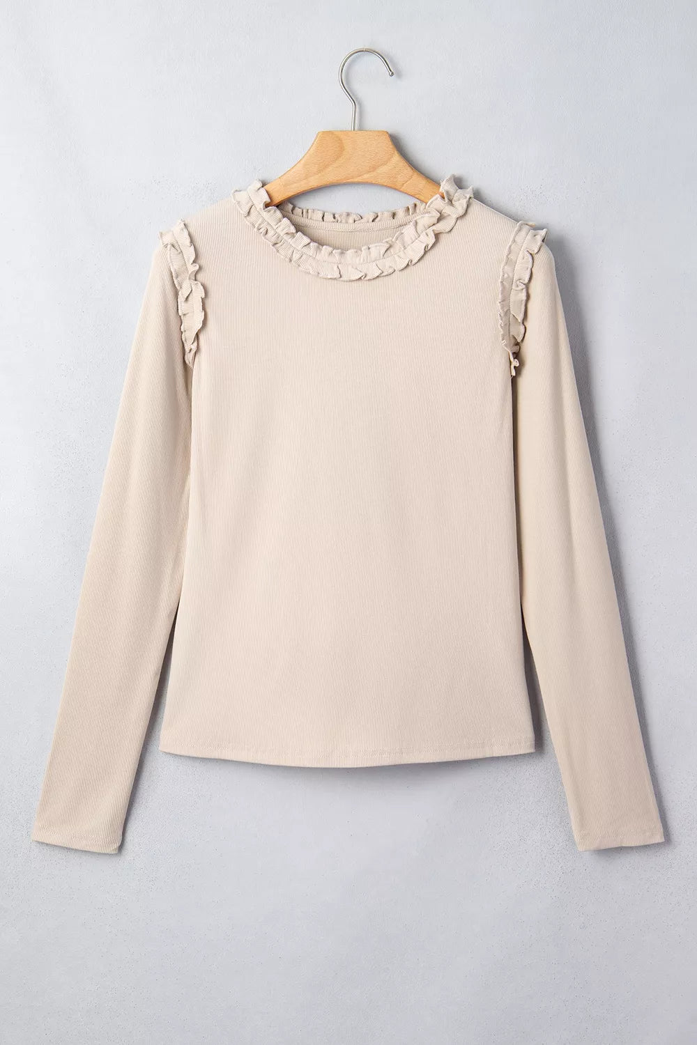 Trendsi Solid Color Round Neck Frill Detail Long Sleeve Top -