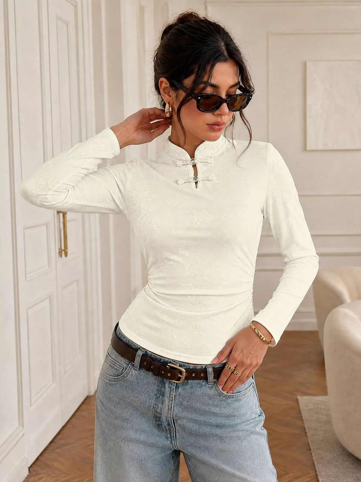 Ivory floral jacquard top with Mandarin collar and loop-button neckline