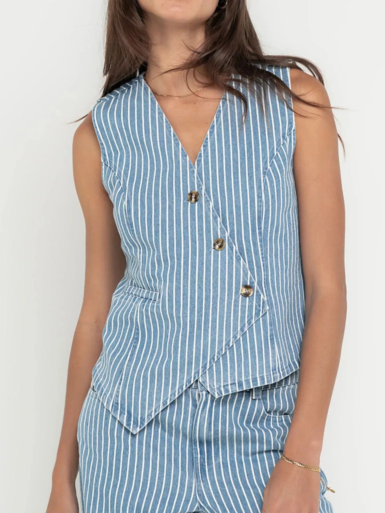 Trendsi Striped Button Up Sleeveless Top and Jeans Denim Set -