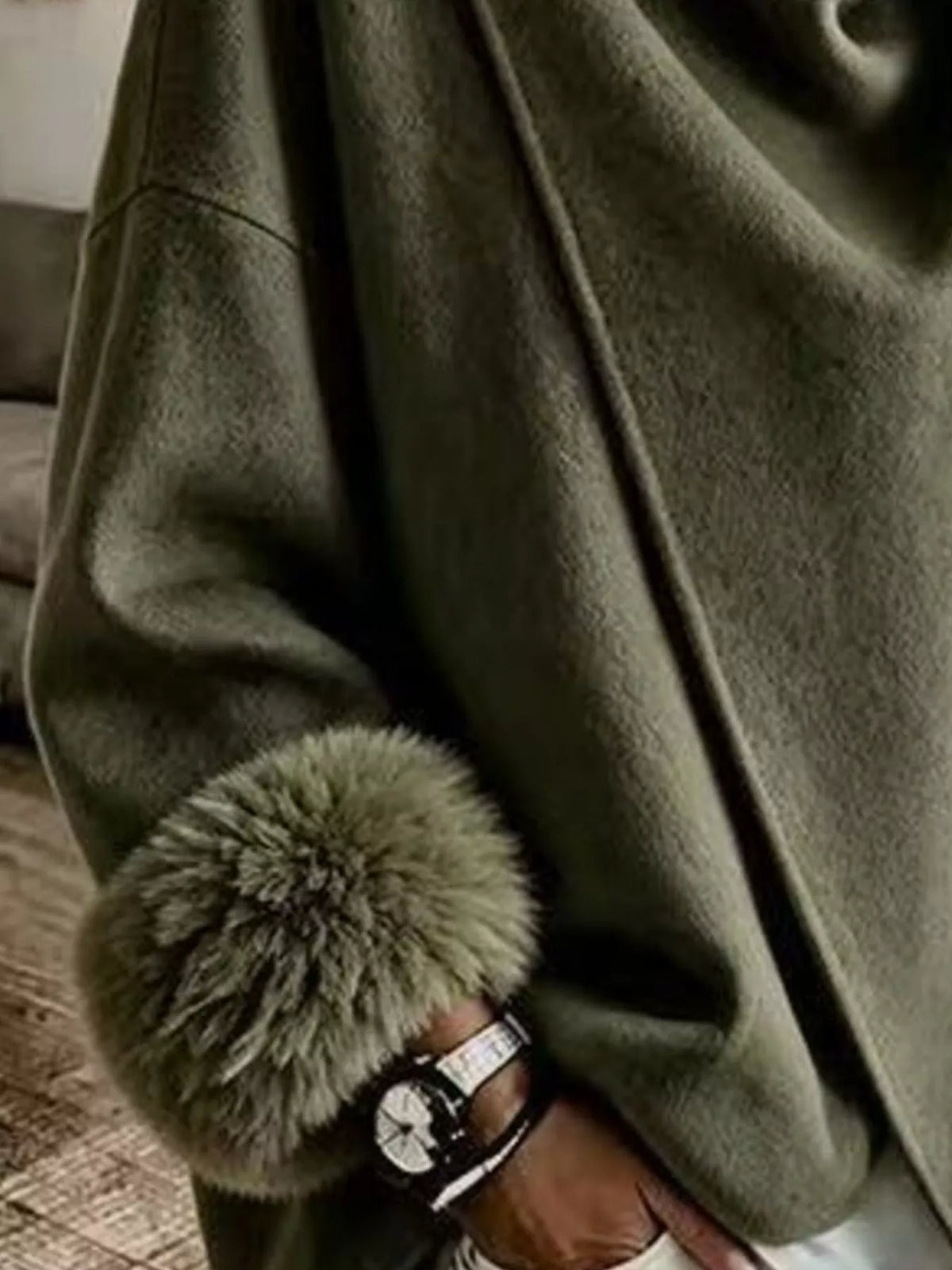 Asymmetric Buttoned Jacket with Faux Fur Cuffs, cuff detail