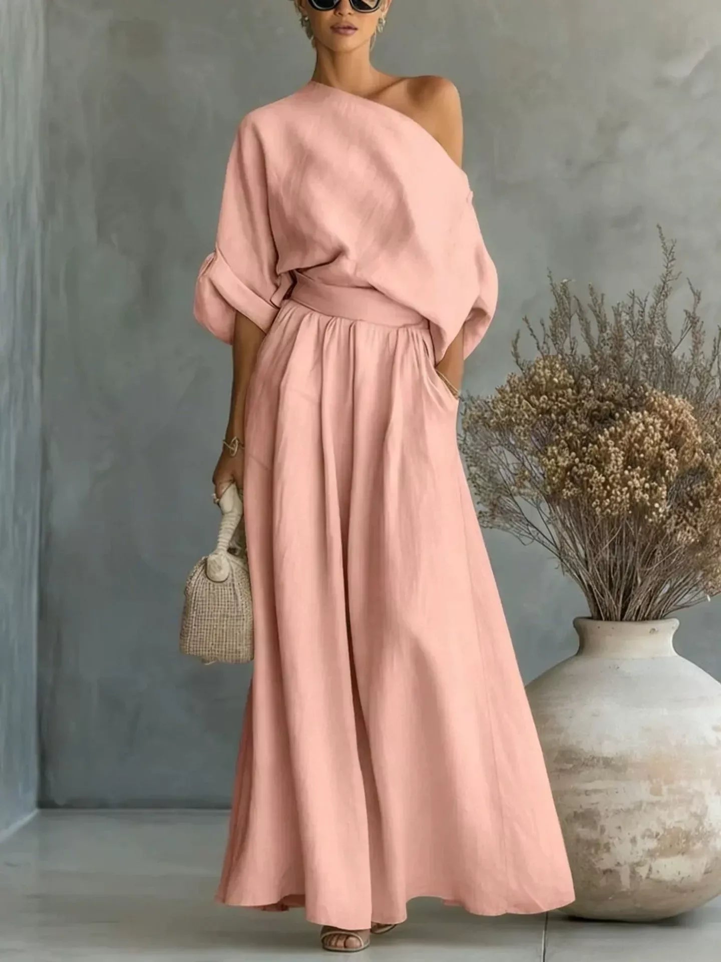 Trendsi Full Size One Shoulder Top and Wide Leg Pants Set Plus Size -