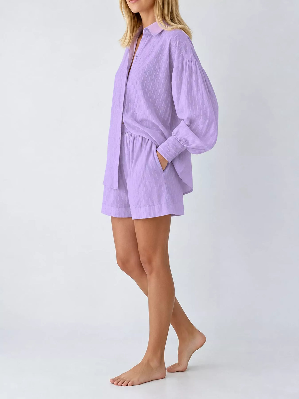Women's Textured Button-Down Shirt and Shorts Set in lavender — side view