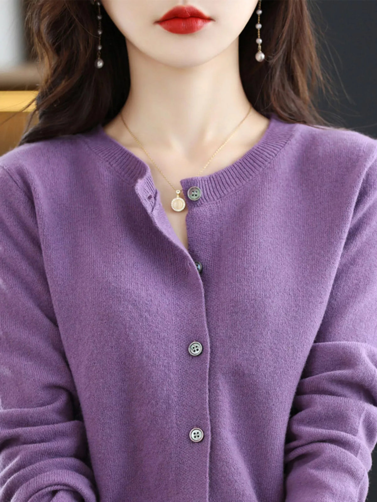 Purple crew neck button-front cardigan