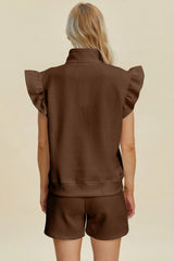 Trendsi Double Take Full Size Texture Flounce Sleeve Top and Shorts Set -