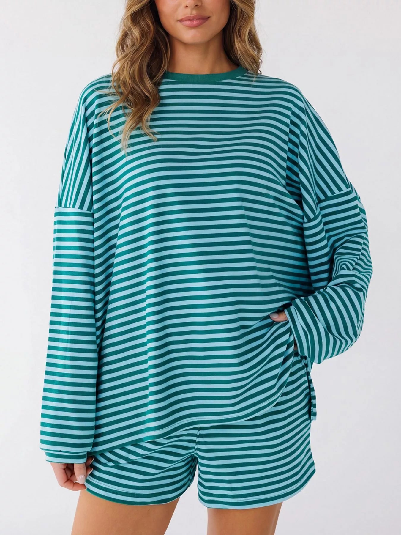 Trendsi Casual Striped Long Sleeve Top and Shorts Set -