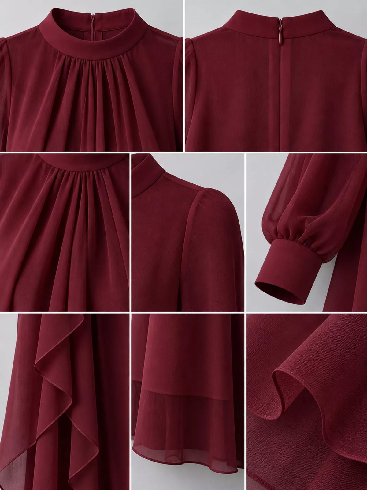 Sheer Sleeve Chiffon Layered Maxi Dress, detail view in burgundy