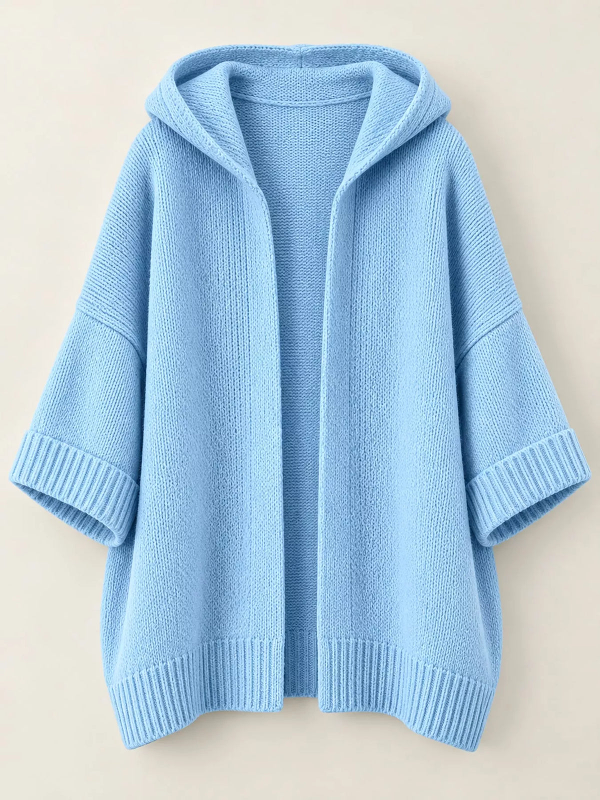 Hooded knit cardigan, light blue flat lay