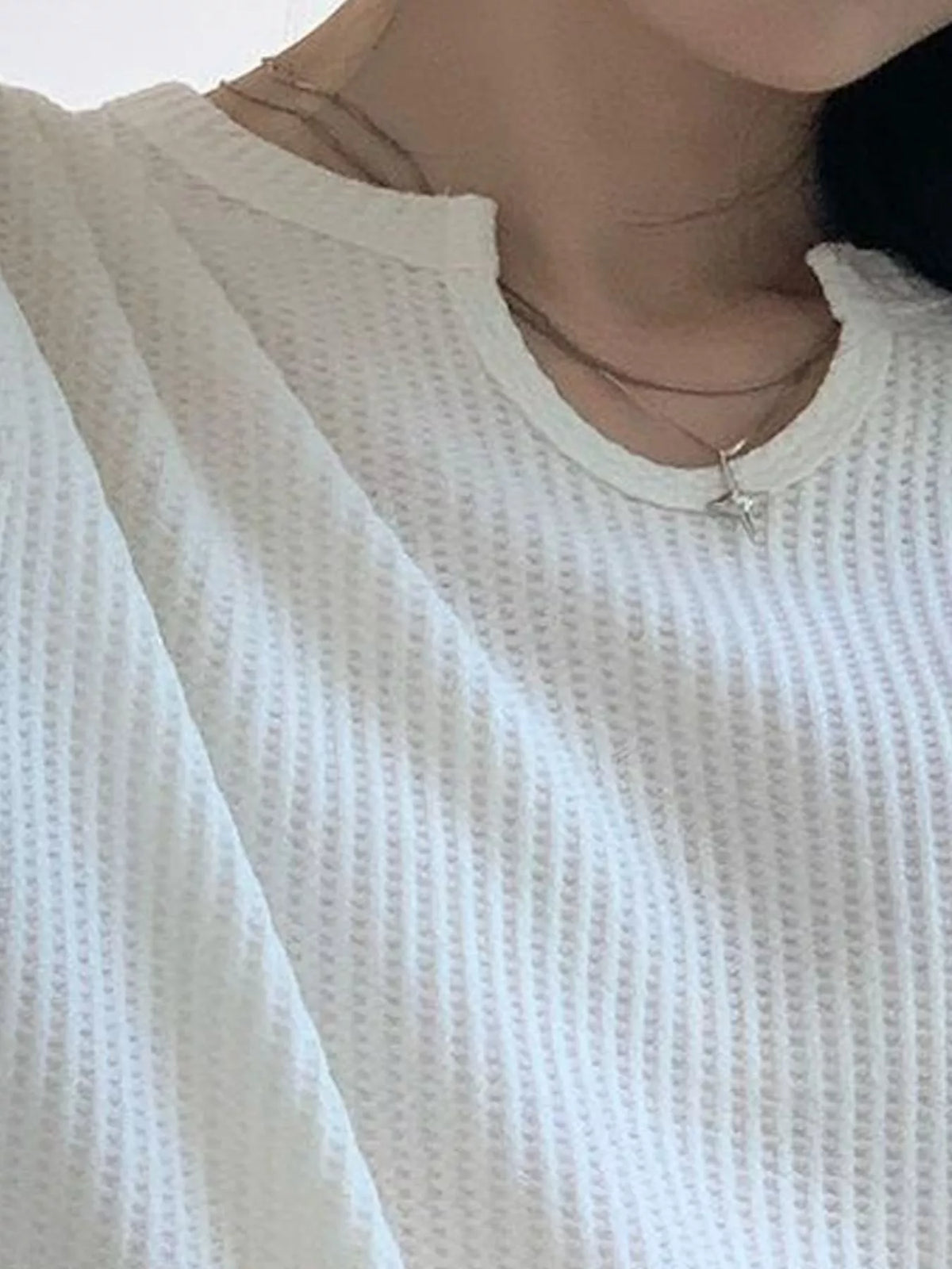 Split-Neck Waffle Knit Long Sleeve T-Shirt — garment construction details