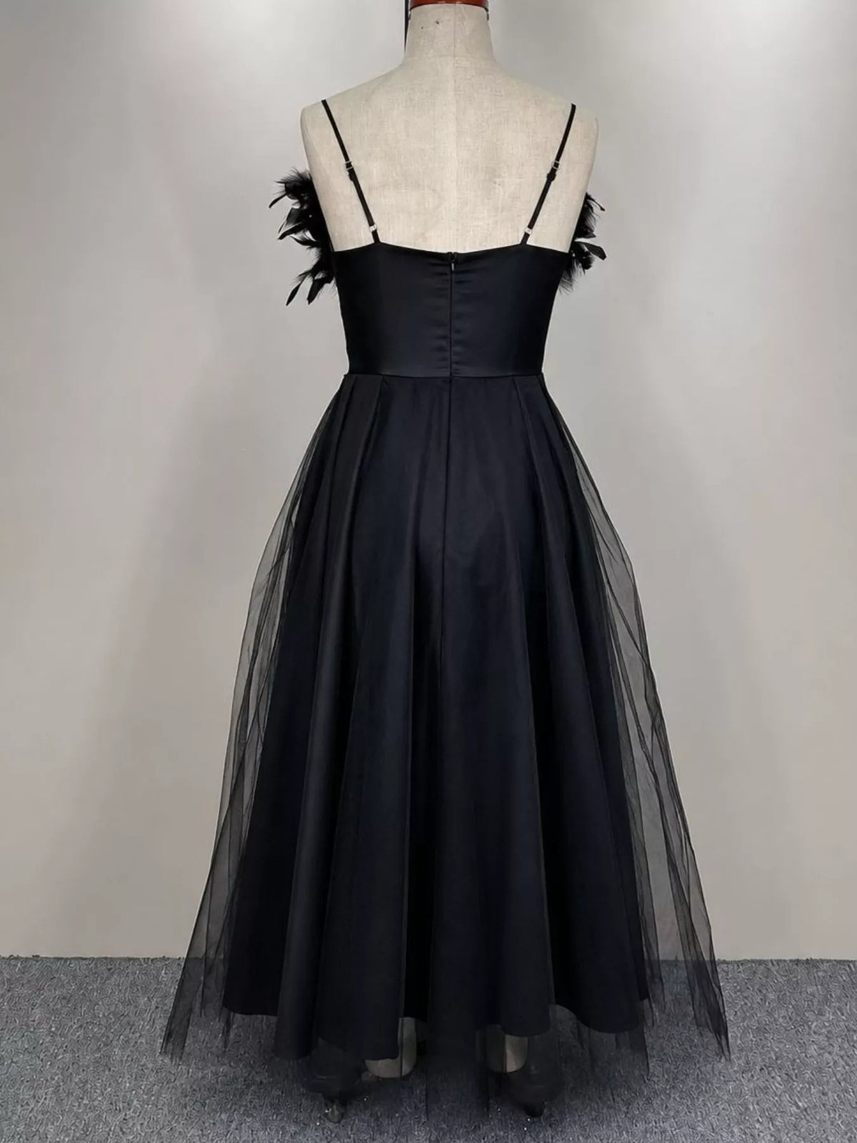 Black feather-trimmed tulle midi dress, back view
