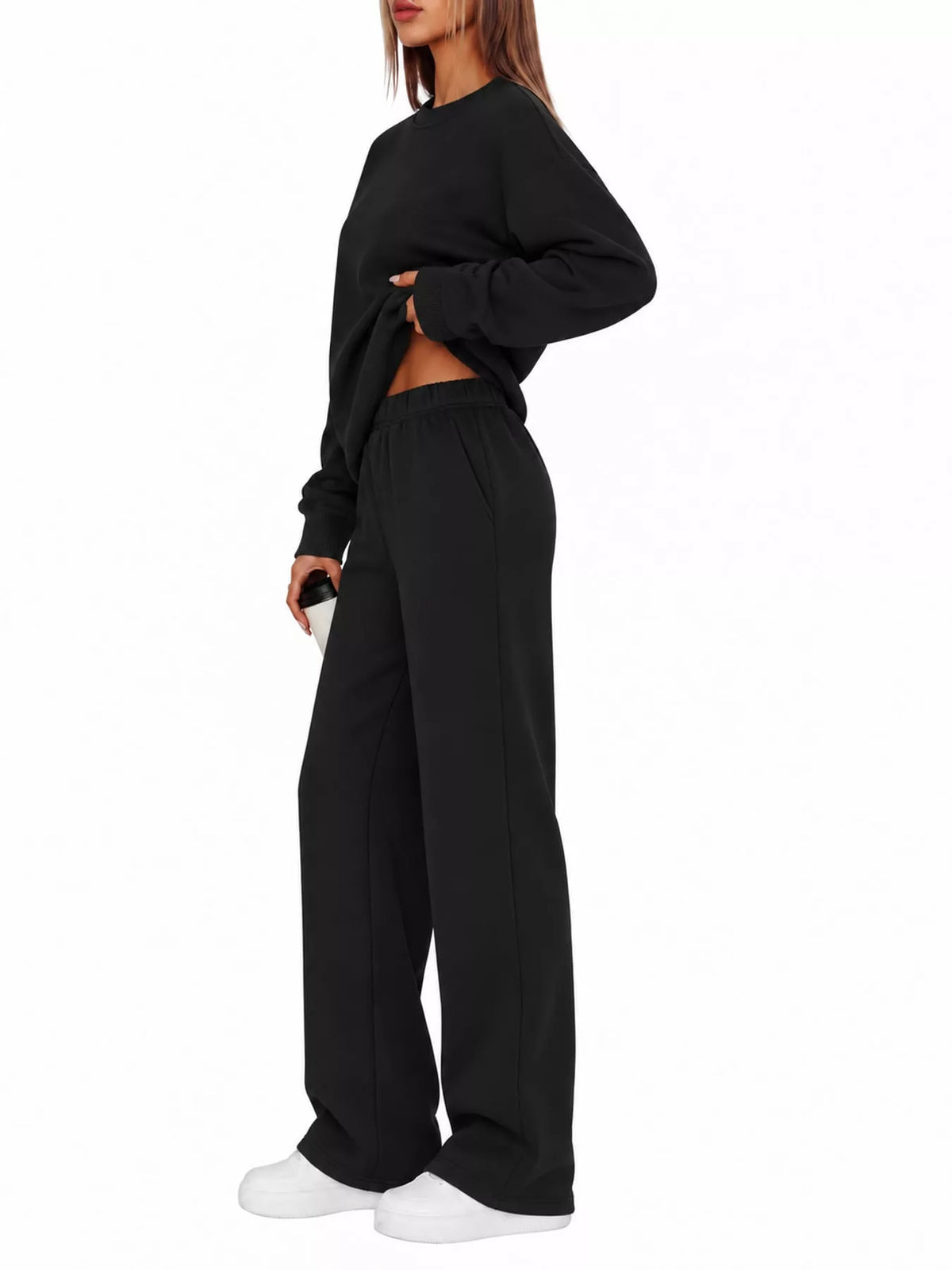 Crewneck Drop Shoulder Sweatshirt and Wide-Leg Pants Set — side view