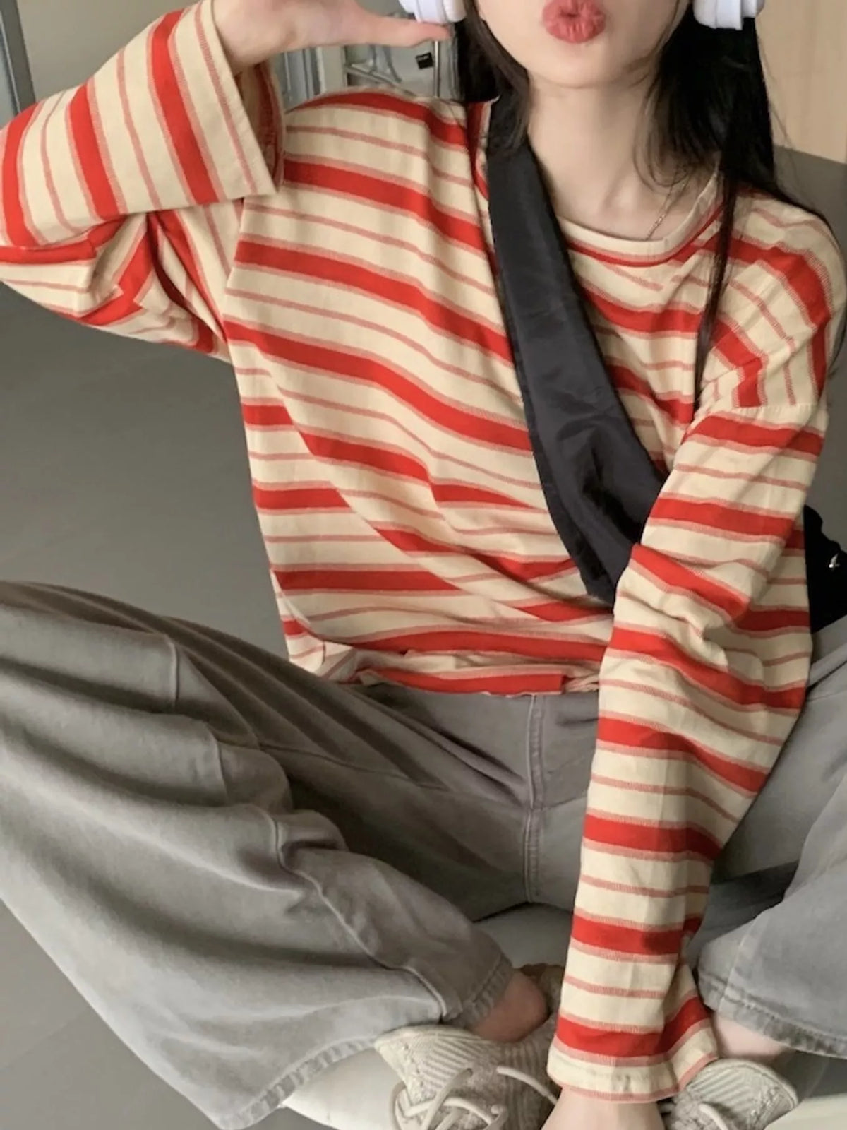 Red and cream striped oversized T-shirt, front view