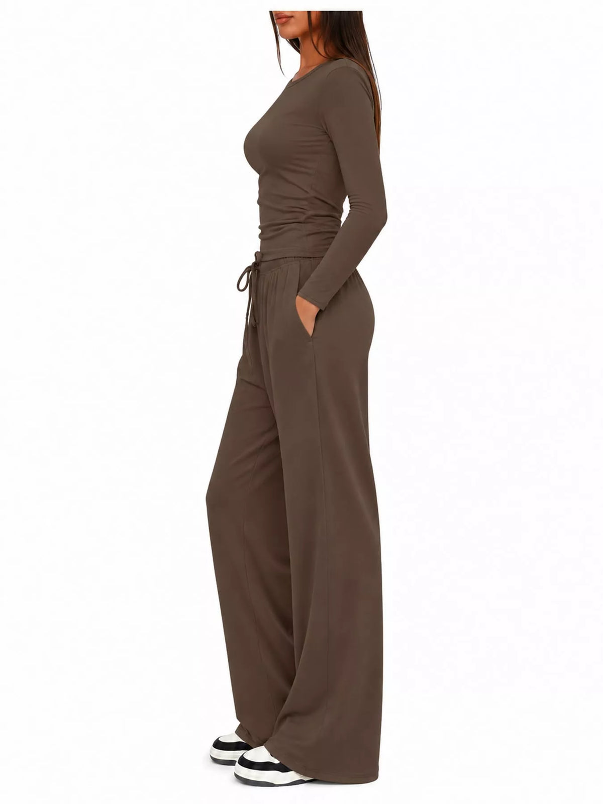 Long Sleeve Ruched Top and Wide-Leg Drawstring Pants Set — side view