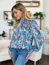 Trendsi Double Take Full Size Printed Smocked Long Sleeve Blouse -