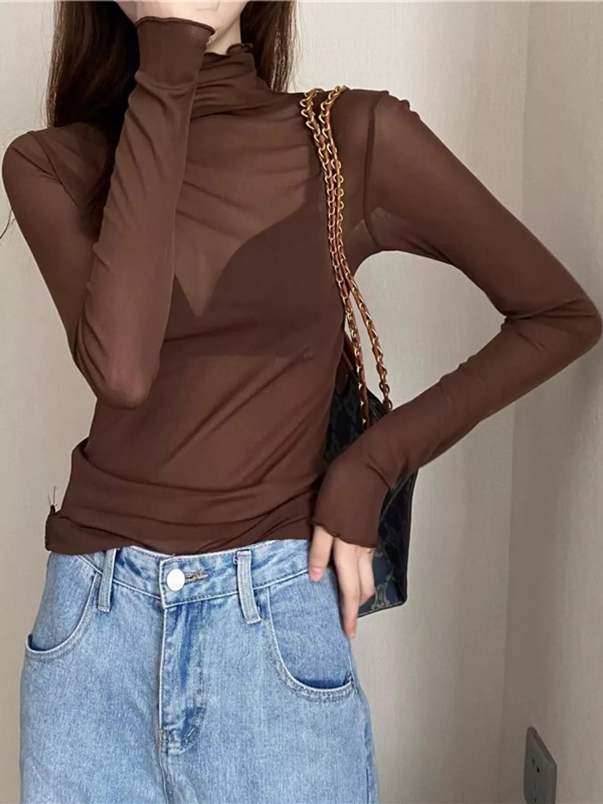 Brown sheer turtleneck mesh t-shirt