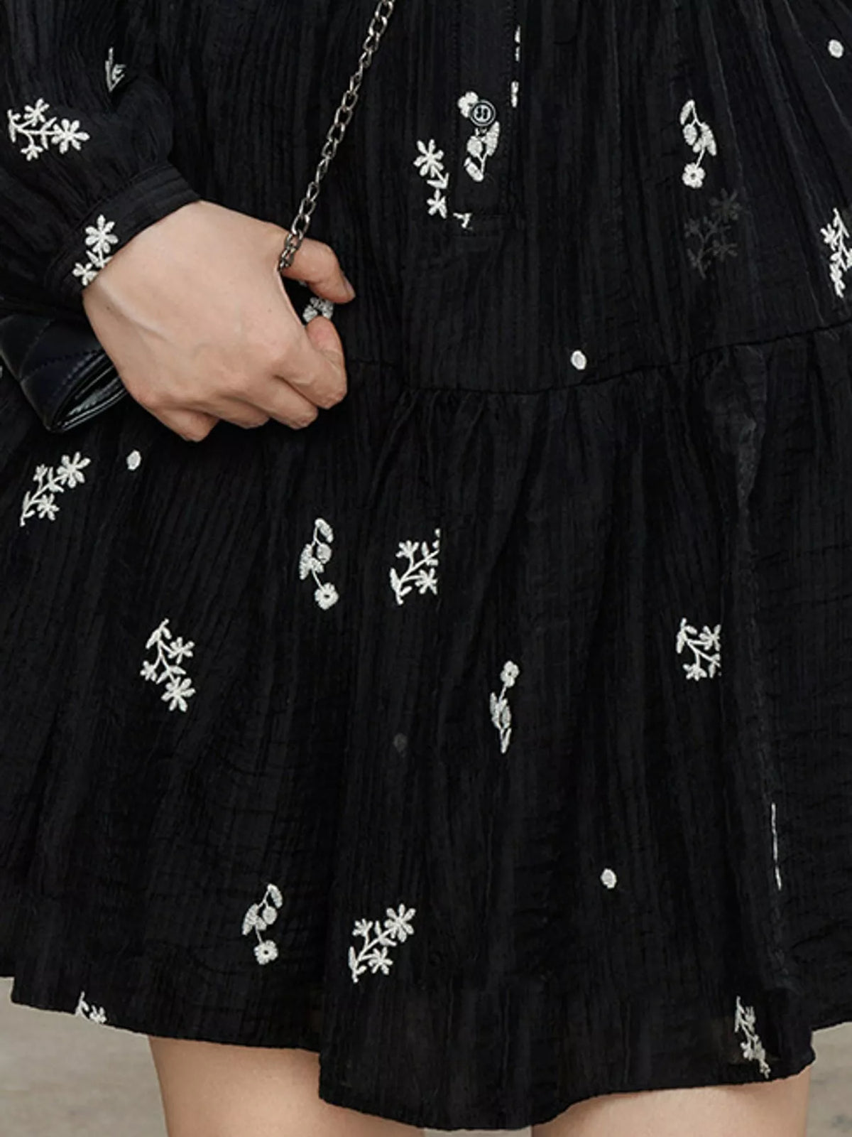 Women's Floral Long Sleeve Mini Dress in black floral — print detail view