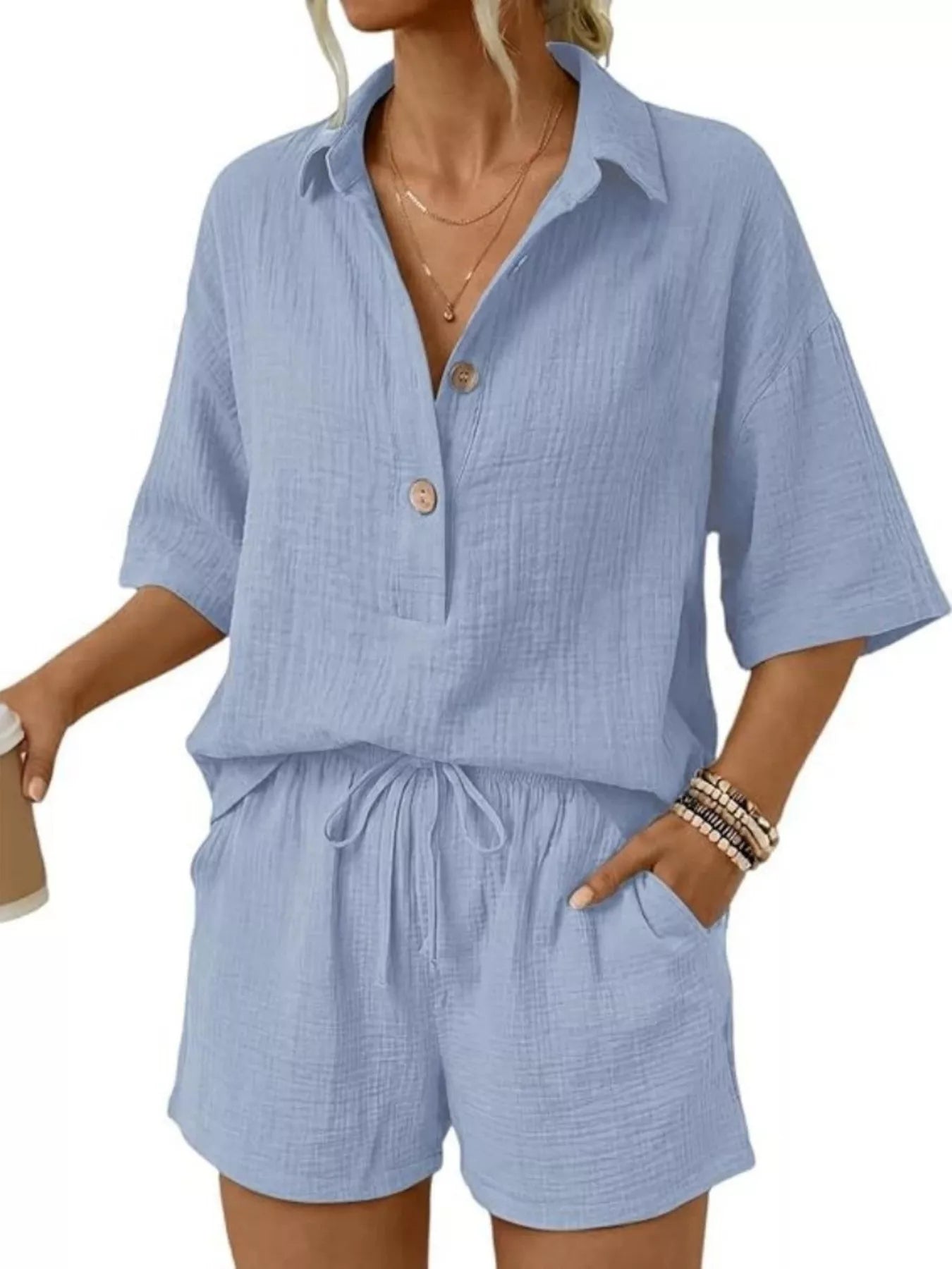 Trendsi Linen Button Front Short Sleeve Top and Shorts Set - Shorts
