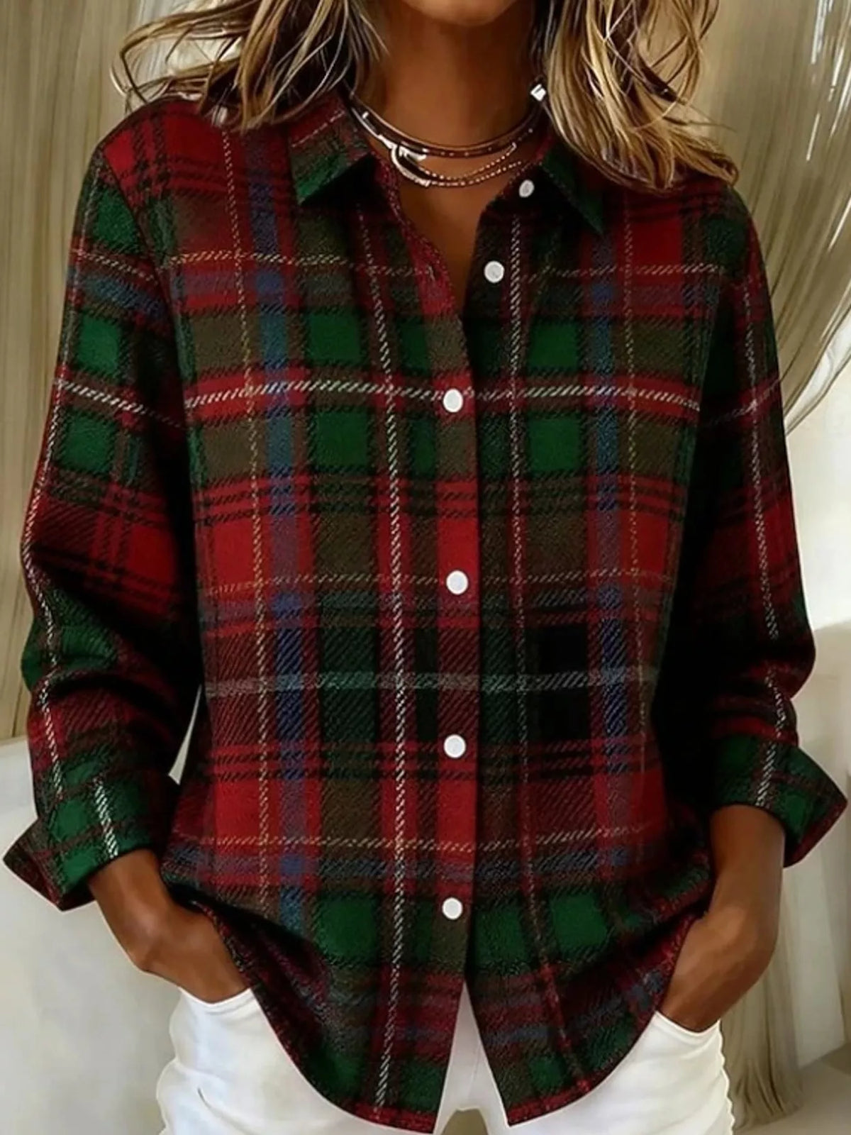 Black, red and green plaid long sleeve shirt