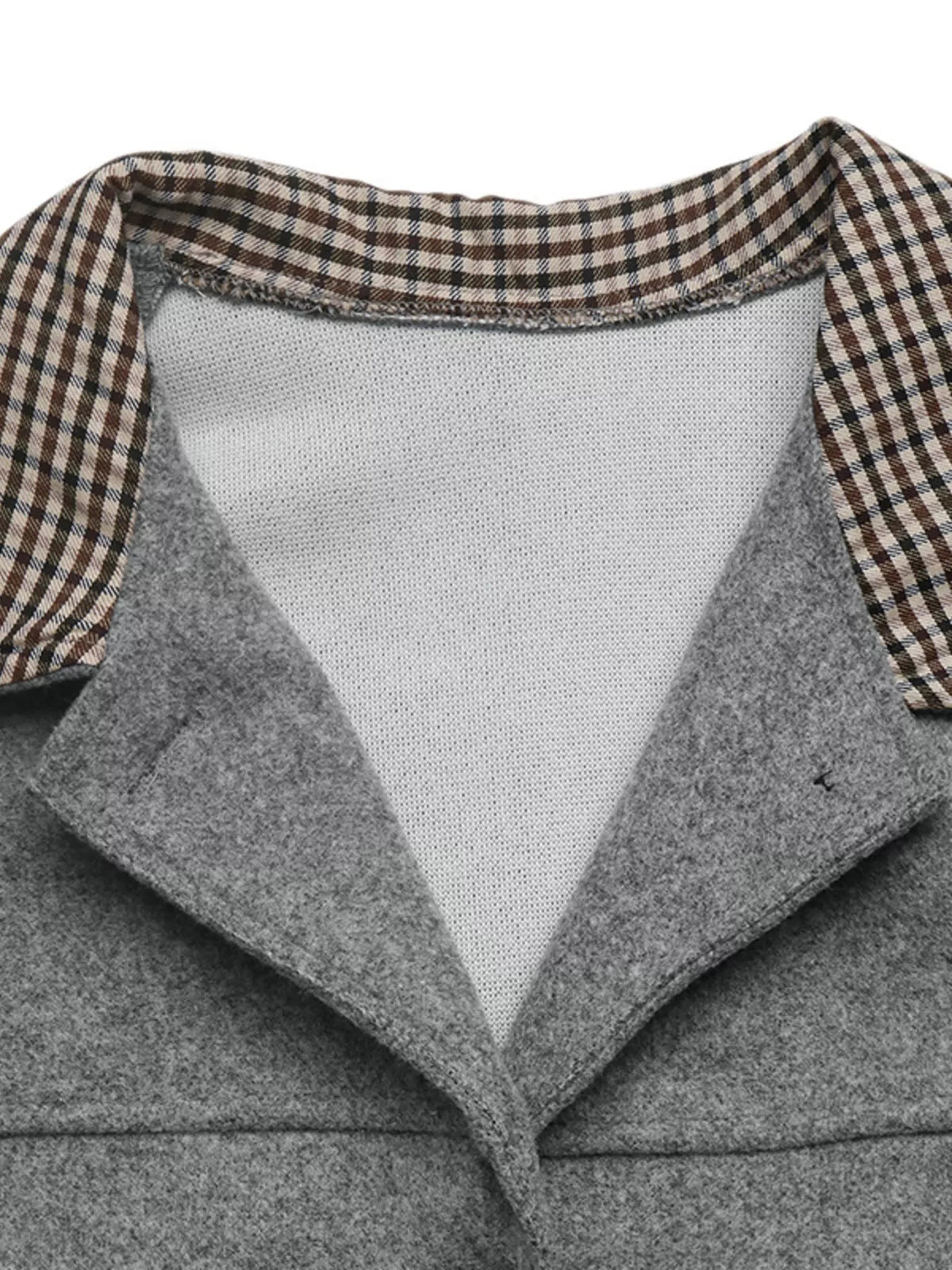 Gray gingham-trim button-down jacket, gingham collar detail