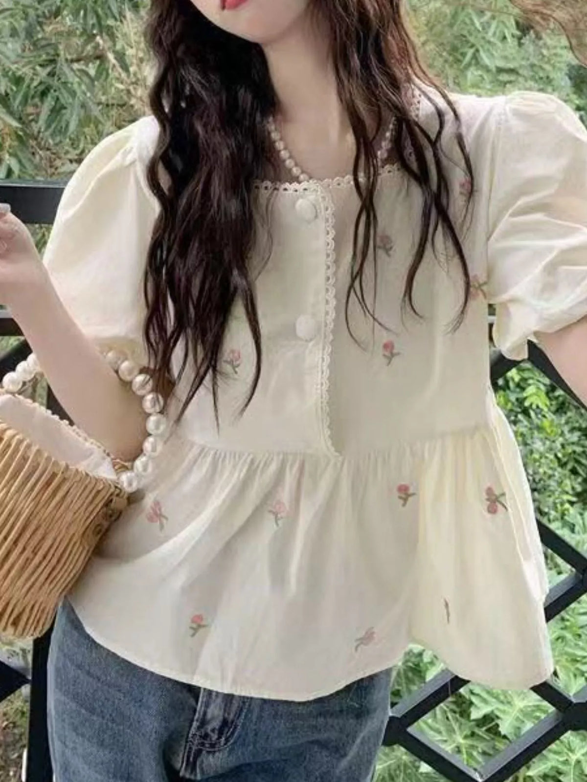 Cream floral embroidered puff sleeve peplum blouse