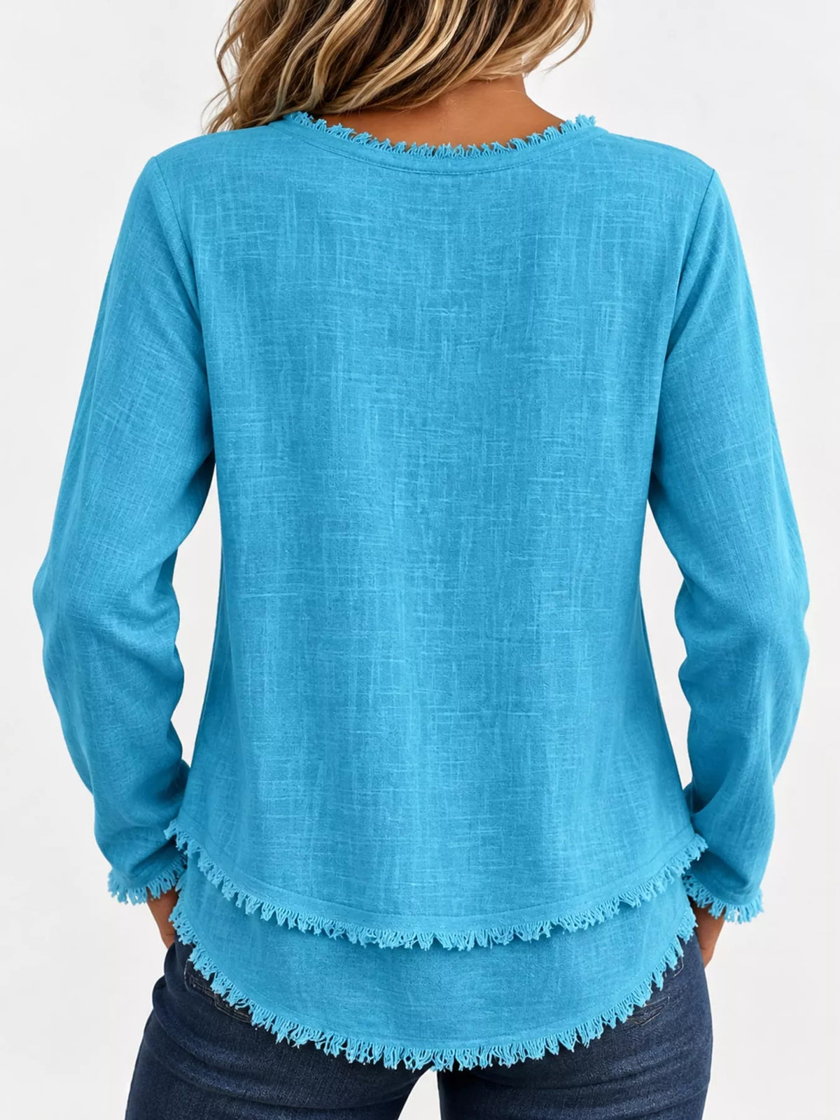 Frayed-hem blouse, turquoise back