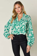 Trendsi Double Take Full Size Printed Ruffle Trim Balloon Sleeve Shirt -