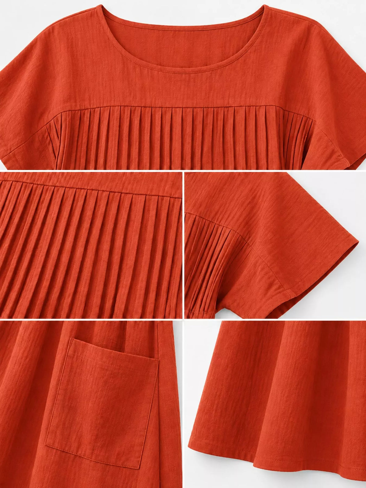 Pleated Midi Dress with Pockets, detail view in rust