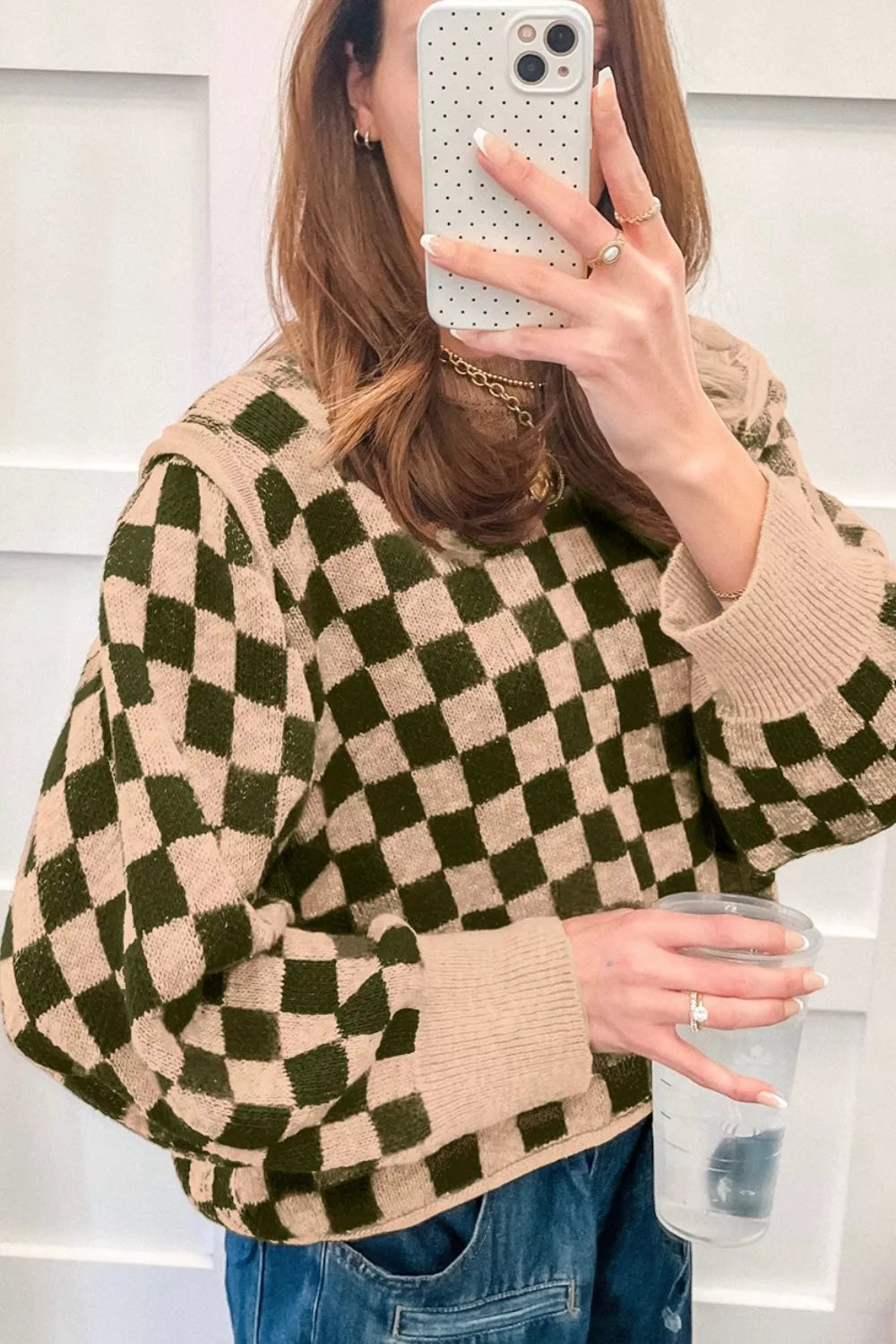 Trendsi Multicolour Drop Shoulder Plaid Knit Long Sleeve Sweater -