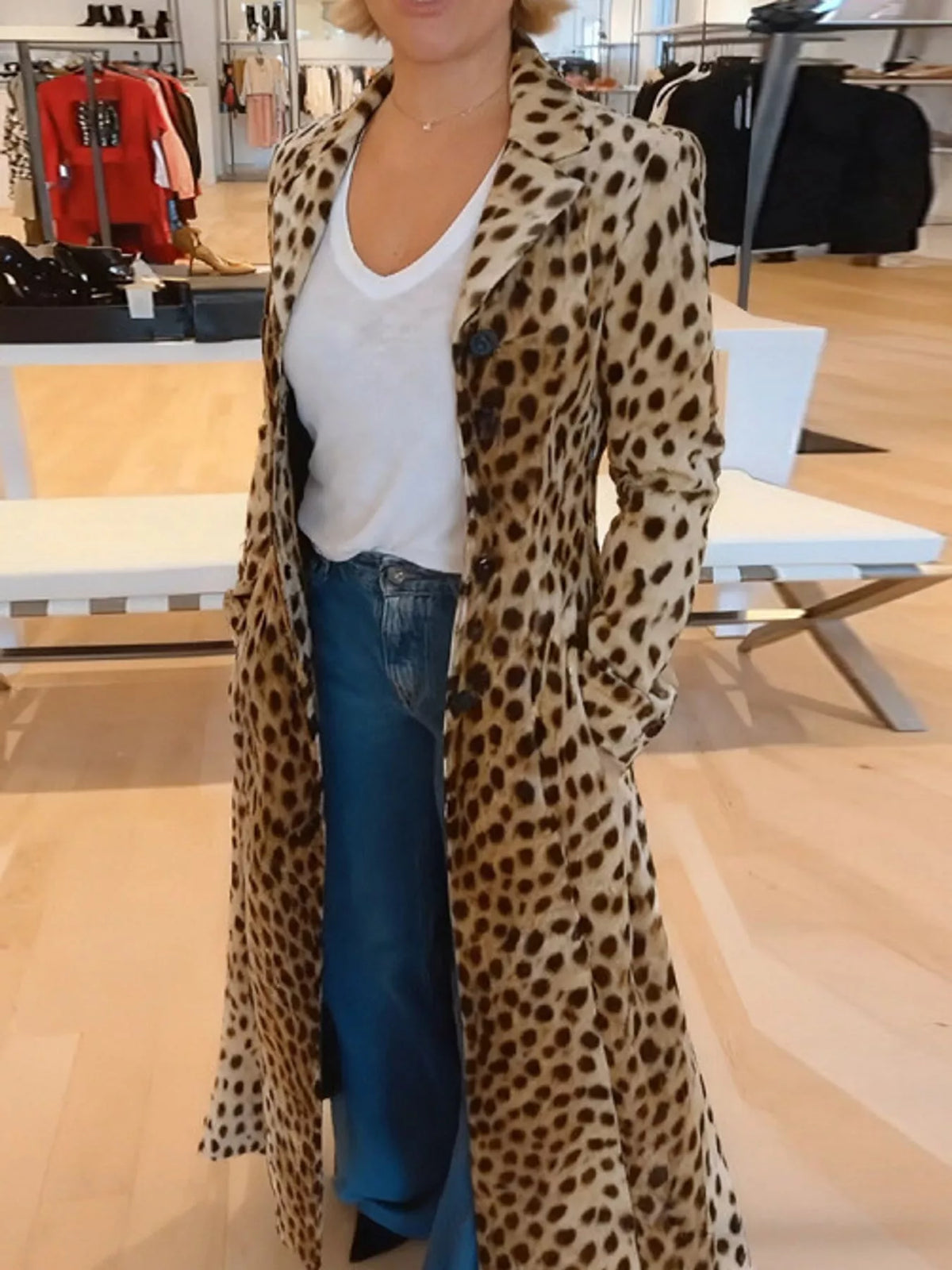 Brown and black leopard-print longline trench coat