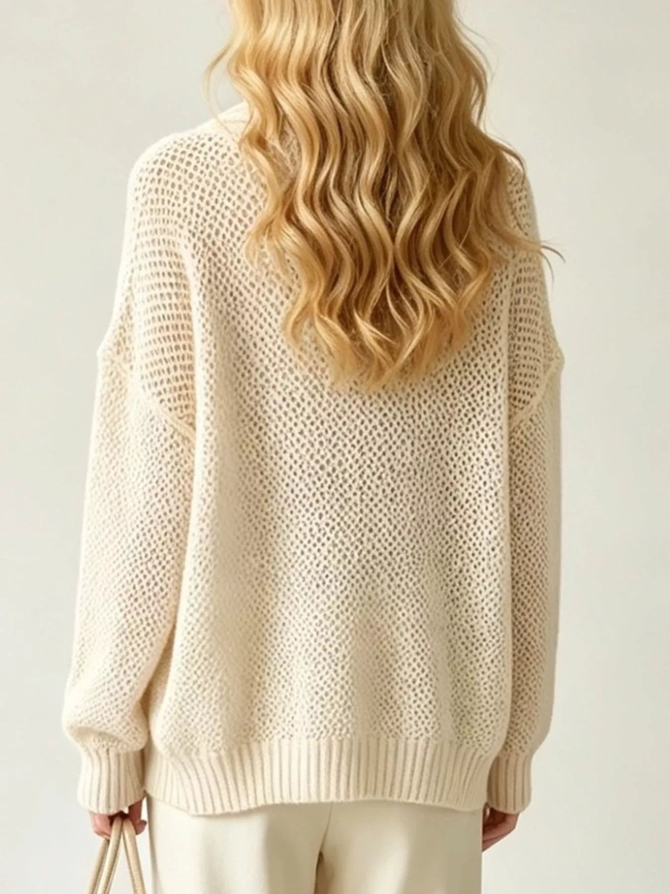 Trendsi V-Neck Open-Knit Button-Down Cardigan -