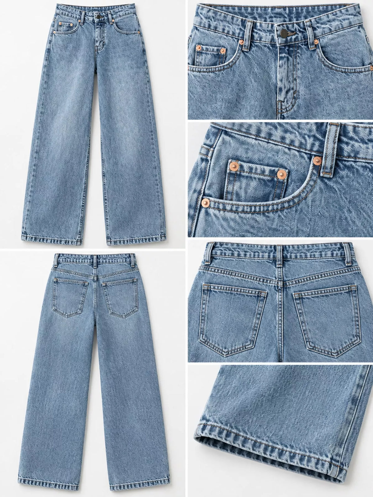 Wide-Leg Vintage Wash Jeans in light blue, construction detail