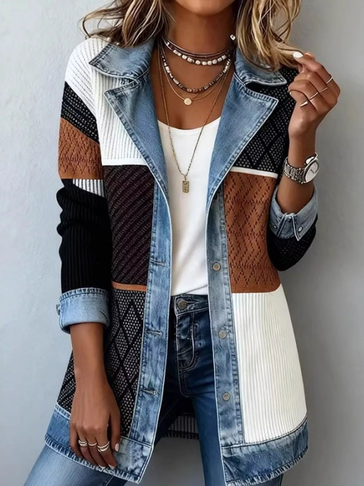 Multicolor denim trim ribbed knit cardigan