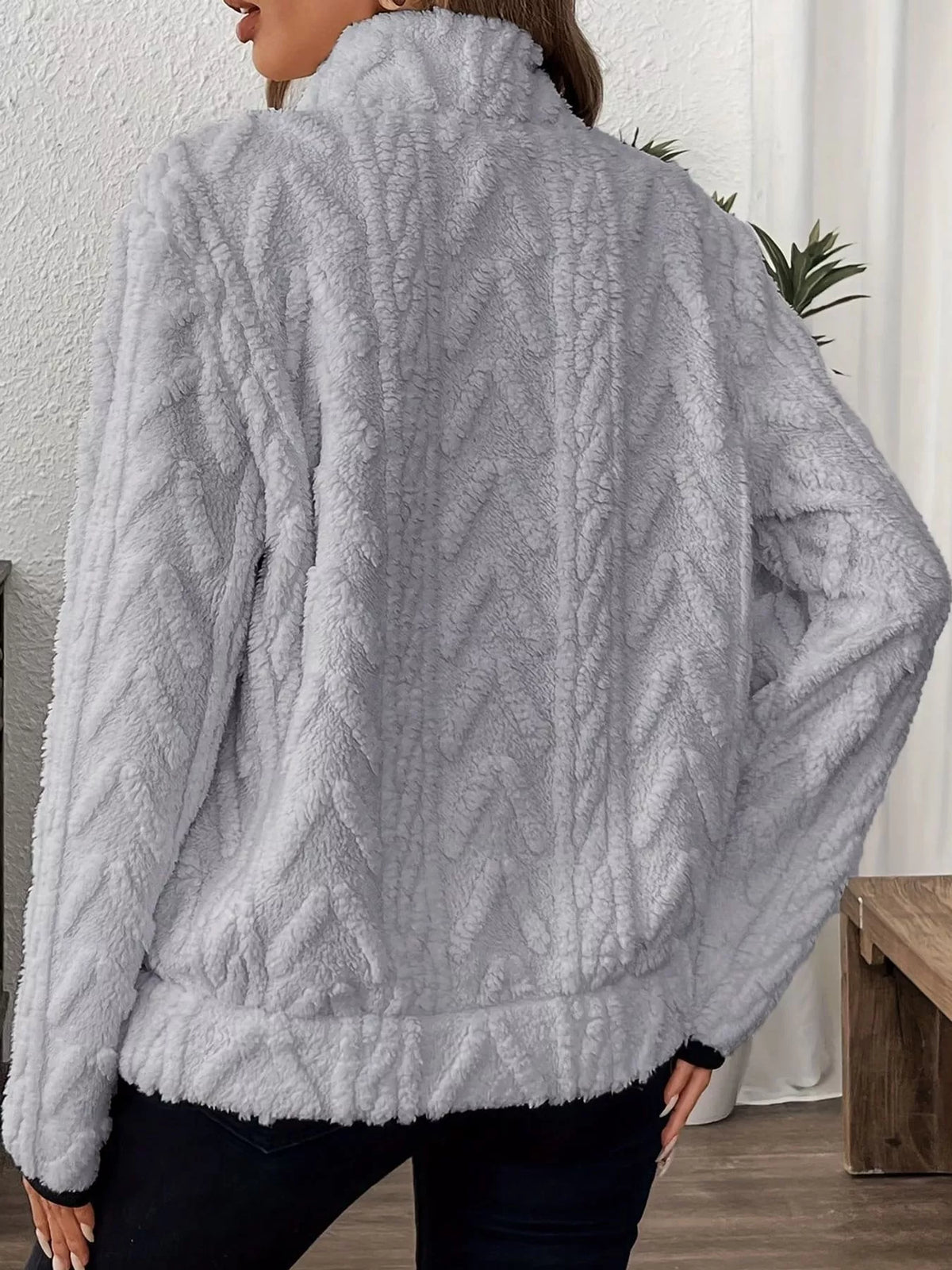 Women's Quarter-Zip Sherpa Sweatshirt in gray — back view