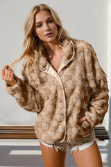 Trendsi Double Take Checkered Long Sleeve Fuzzy Jacket -