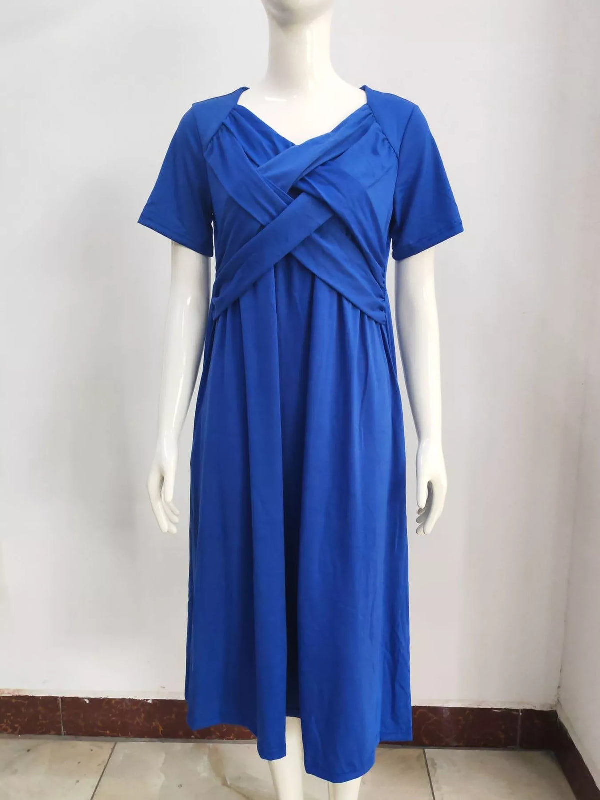 Blue crisscross short sleeve midi dress, front view